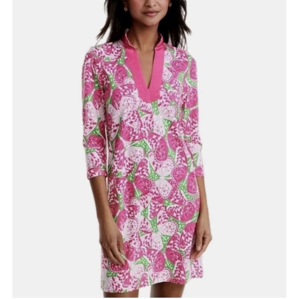 Brooks Brothers Pink Green Butterfly Shift Dress Sz M Preppy Lilly Coastal